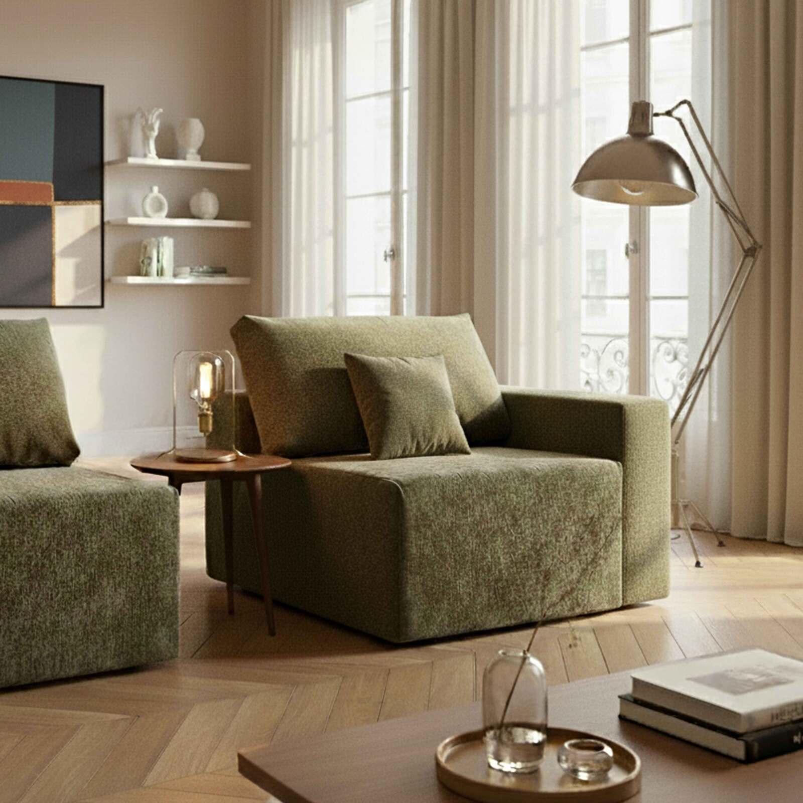 Poltrona angolare in tessuto per divano modulare con cuscini Poltrona angolare in tessuto per divano modulare con cuscini