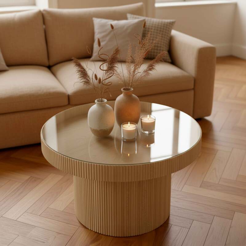 Tavolino da salotto in legno e vetro temperato rotondo Ø59 cm stile scandinavo