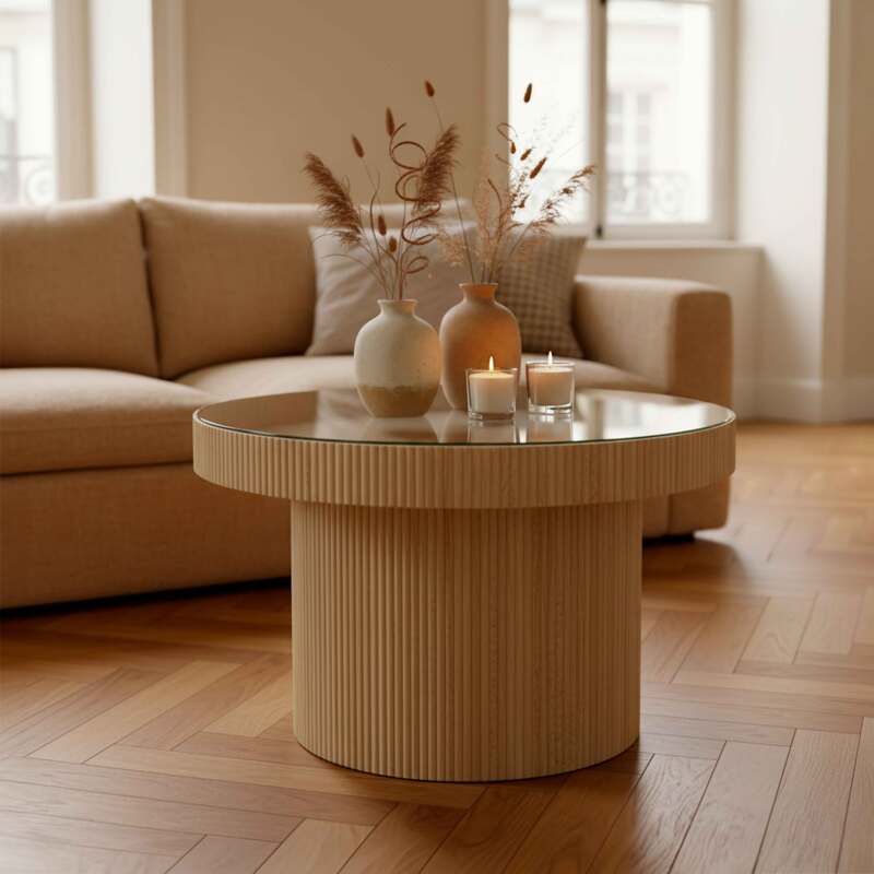 Tavolino da salotto in legno e vetro temperato rotondo Ø59 cm stile scandinavo