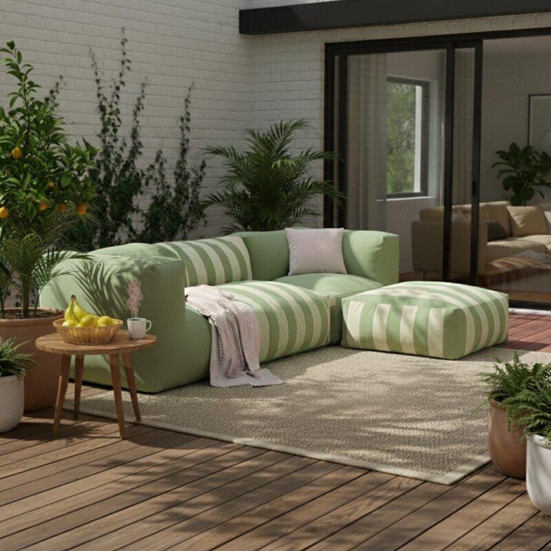 Divano modulare a righe da esterno 4 posti con 1 poltrona, 2 poltrone angolari e 1 pouf