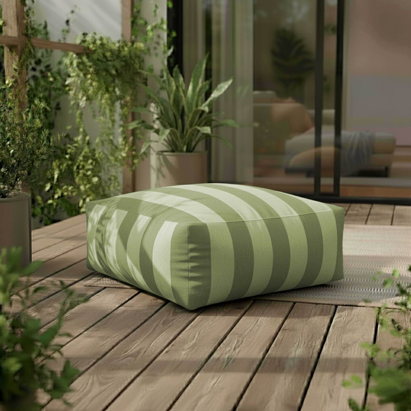 Divano modulare a righe da esterno 4 posti con 1 poltrona, 2 poltrone angolari e 1 pouf Divano modulare a righe da esterno 4 posti con 1 poltrona, 2 poltrone angolari e 1 pouf