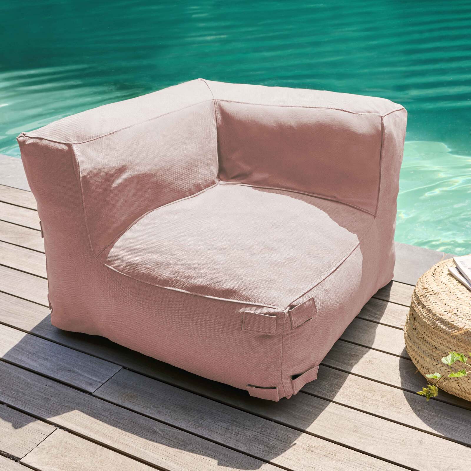 Divano modulare da esterno 7 posti con 5 poltrone, 1 poltrona angolare, 1 chaise longue e 1 pouf