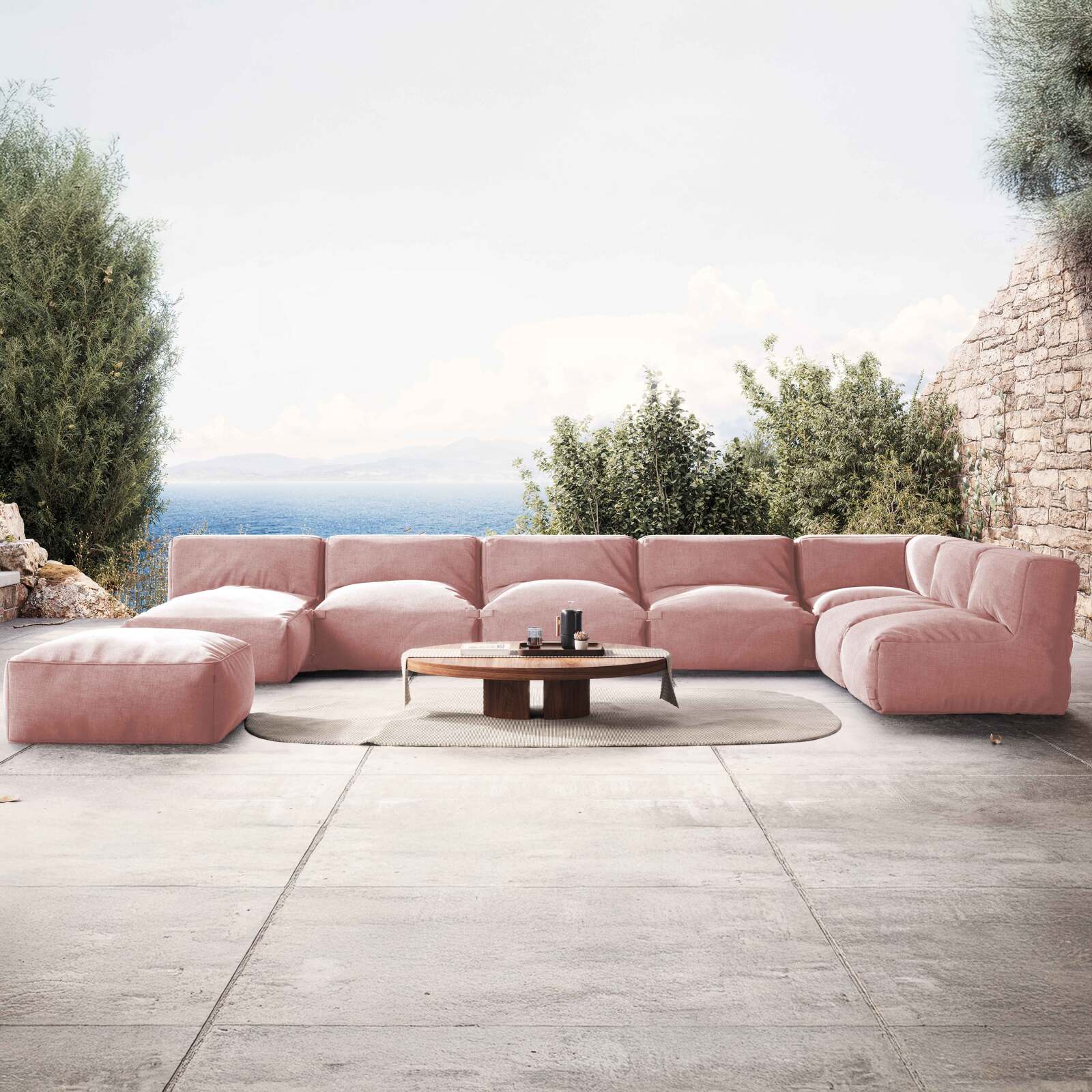 Divano modulare da esterno 7 posti con 5 poltrone, 1 poltrona angolare, 1 chaise longue e 1 pouf