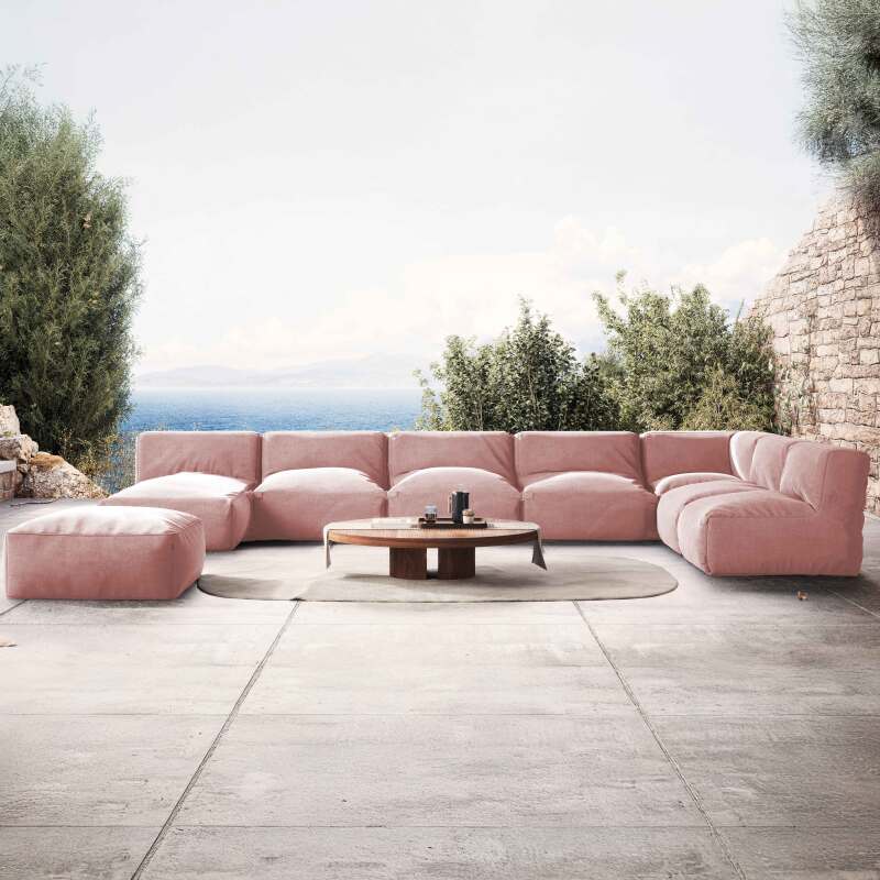 Divano modulare da esterno 7 posti con 5 poltrone, 1 poltrona angolare, 1 chaise longue e 1 pouf