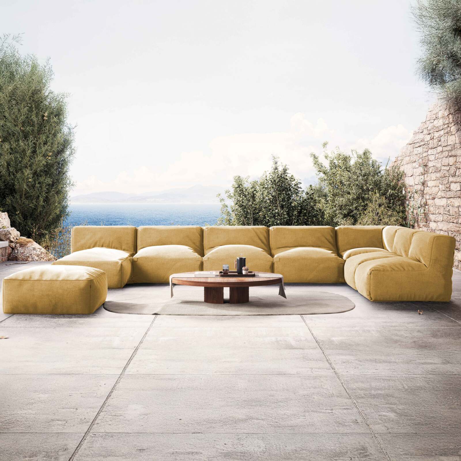 Divano modulare da esterno 7 posti con 5 poltrone, 1 poltrona angolare, 1 chaise longue e 1 pouf