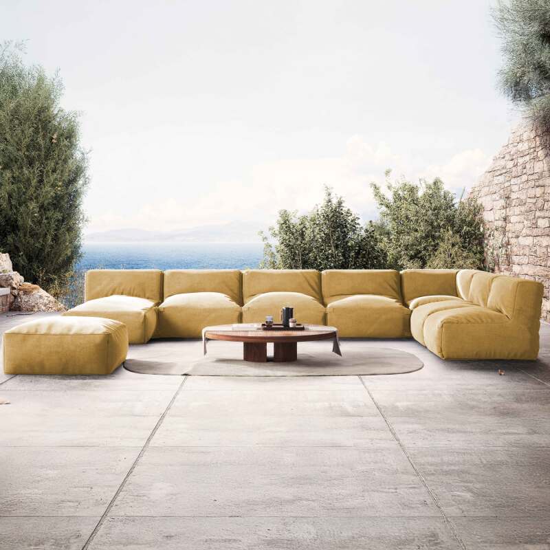 Divano modulare da esterno 7 posti con 5 poltrone, 1 poltrona angolare, 1 chaise longue e 1 pouf
