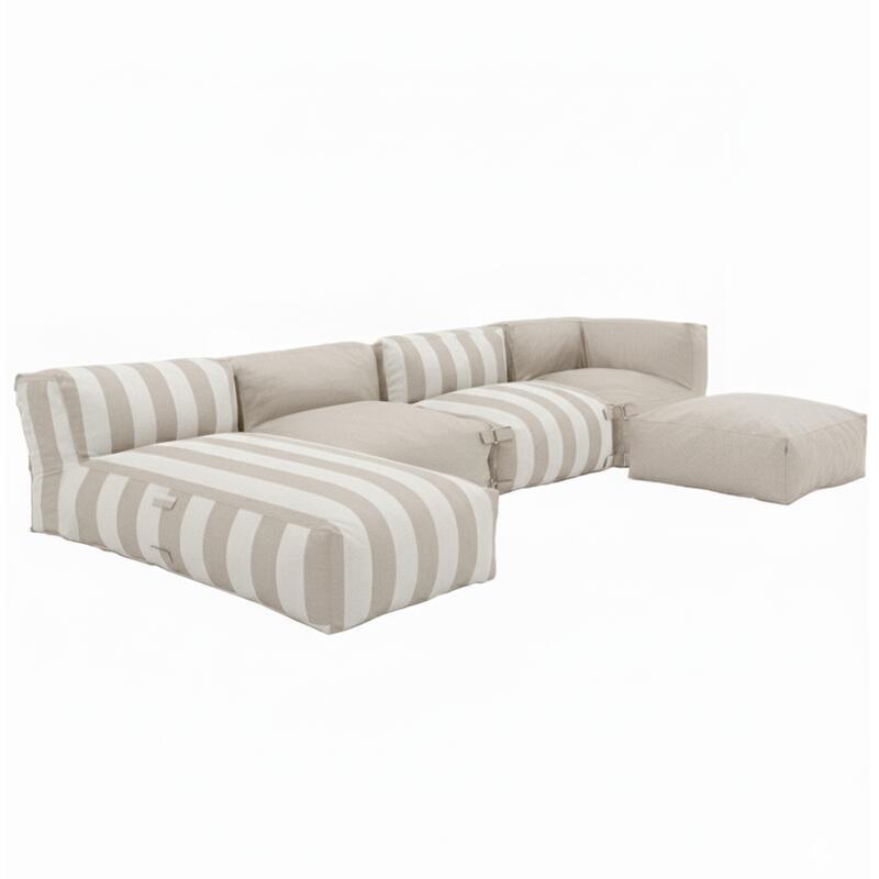 Divano modulare a righe da esterno 4 posti con 2 poltrone, 1 poltrona angolare, 1 chaise longue e 1 pouf
