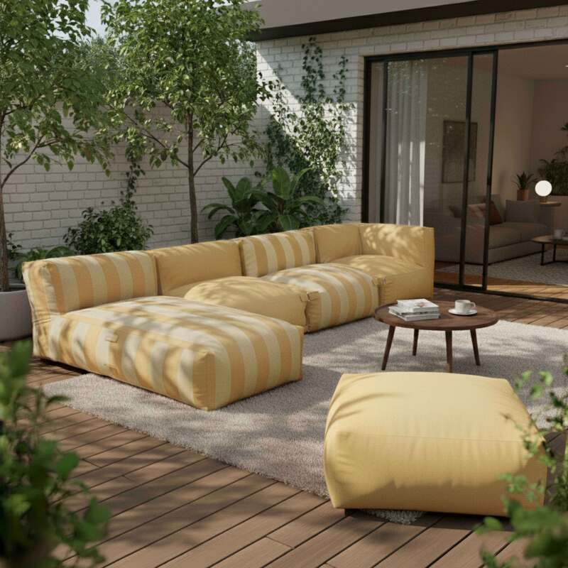 Divano modulare a righe da esterno 4 posti con 2 poltrone, 1 poltrona angolare, 1 chaise longue e 1 pouf

