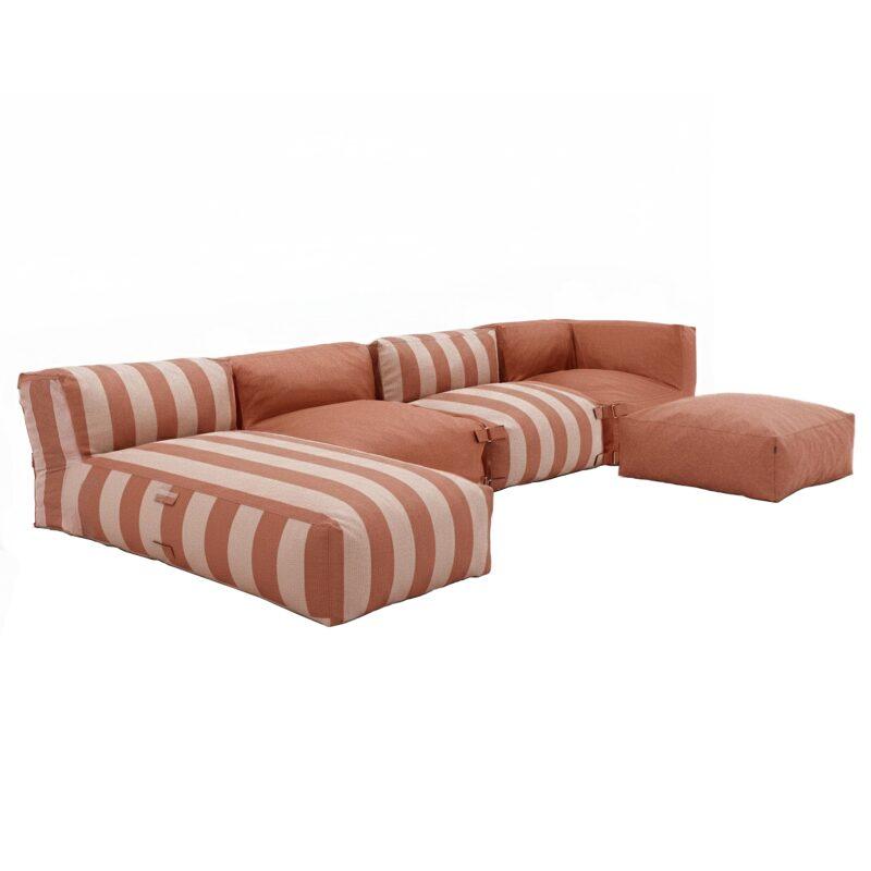 Divano modulare a righe da esterno 4 posti con 2 poltrone, 1 poltrona angolare, 1 chaise longue e 1 pouf
