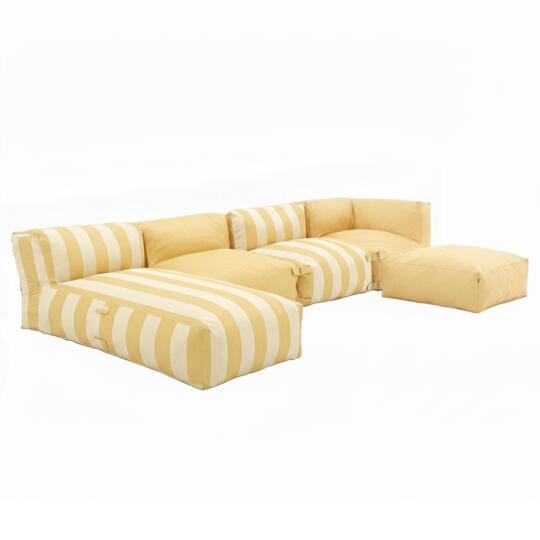 Divano modulare a righe da esterno 4 posti con 2 poltrone, 1 poltrona angolare, 1 chaise longue e 1 pouf | Oviala