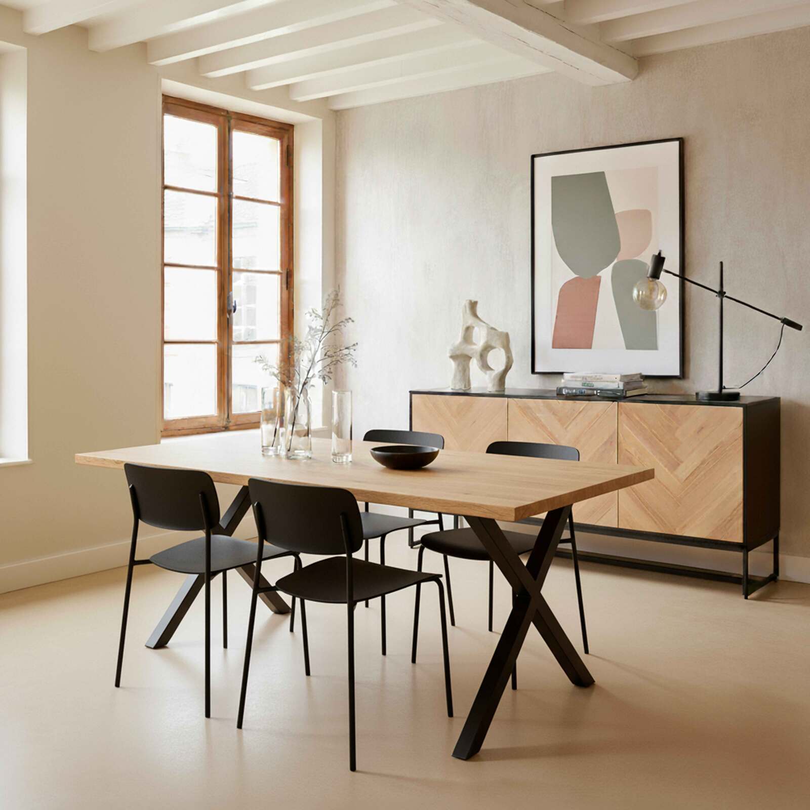 Buffet nero e legno decoro rovere FSC® 3 ante 160 cm stile boho