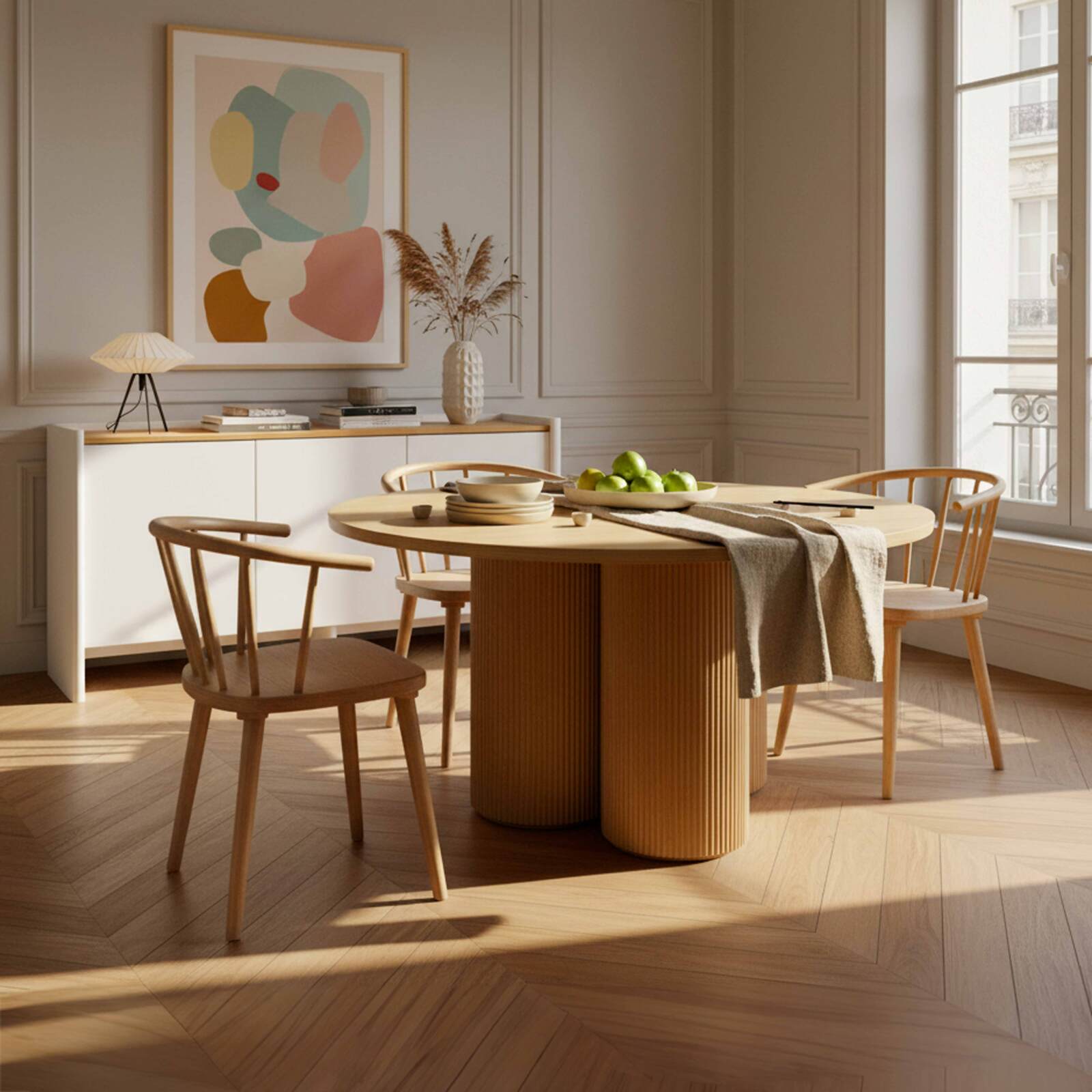 Tavolo da pranzo rotondo effetto legno per 4 persone