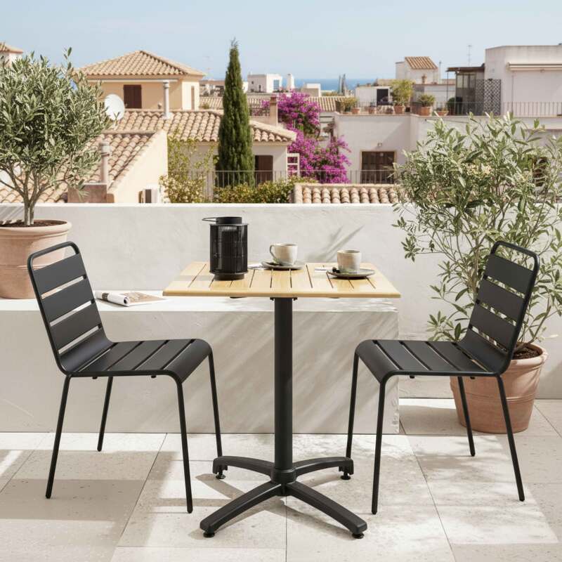 Tavolo da giardino bistrot quadrato in legno 70x70 cm e 2 sedie in metallo