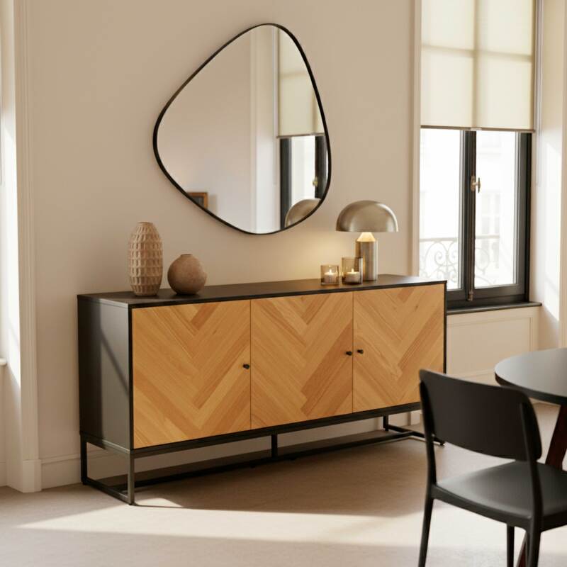 Buffet nero e legno decoro rovere FSC® 3 ante 160 cm stile boho