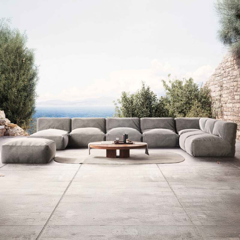 Divano modulare da esterno 7 posti con 5 poltrone, 1 poltrona angolare, 1 chaise longue e 1 pouf