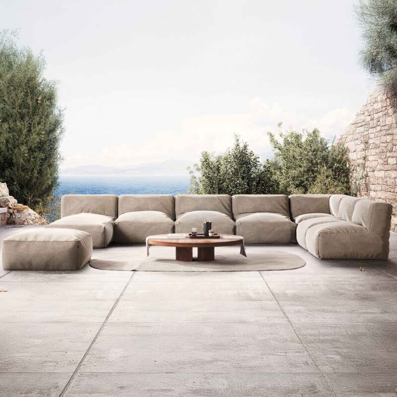 Divano modulare da esterno 7 posti con 5 poltrone, 1 poltrona angolare, 1 chaise longue e 1 pouf