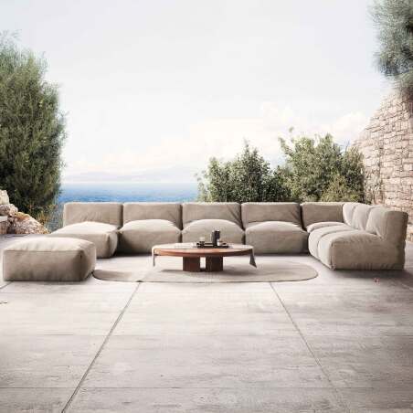 Divano modulare da esterno 7 posti con 5 poltrone, 1 poltrona angolare, 1 chaise longue e 1 pouf