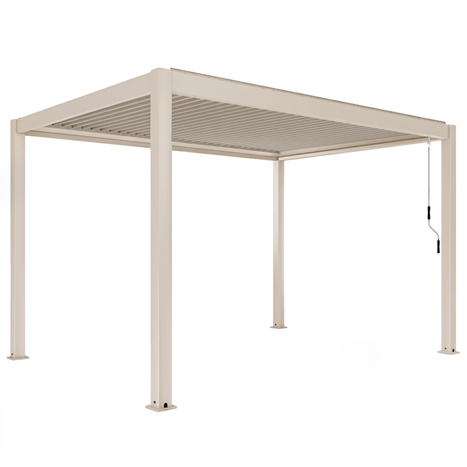 Pergola bioclimatica 4x3 m autoportante motorizzata in alluminio crema con illuminazione a LED e con tenda