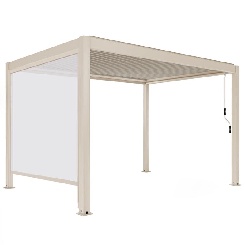 Pergola bioclimatica 4x3 m autoportante motorizzata in alluminio crema con illuminazione a LED e con tenda