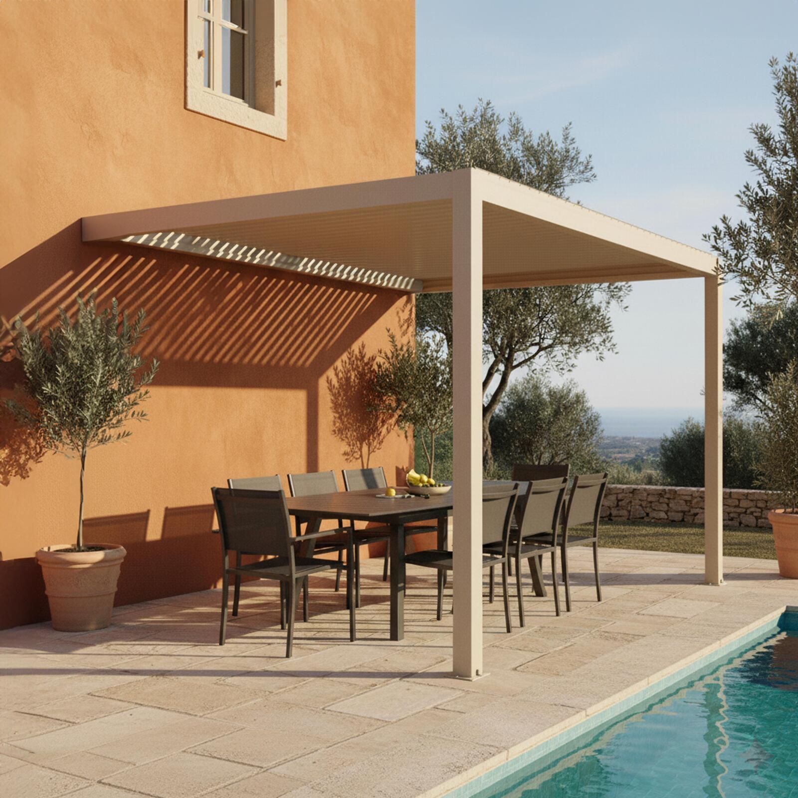 Pergola bioclimatica 4x3 m addossata manuale in alluminio crema