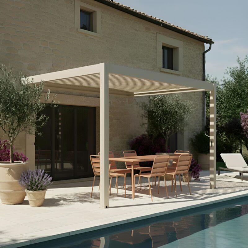 Pergola bioclimatica 4x3 m addossata manuale in alluminio crema