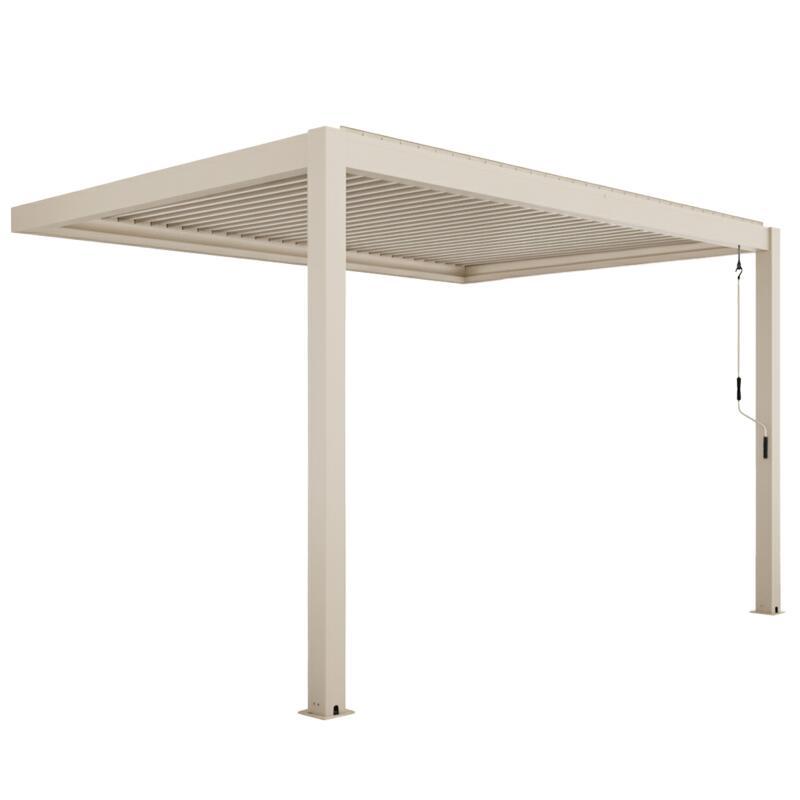 Pergola bioclimatica 4x3 m addossata manuale  in alluminio crema con tenda