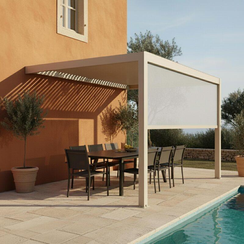 Pergola bioclimatica 4x3 m addossata manuale  in alluminio crema con tenda