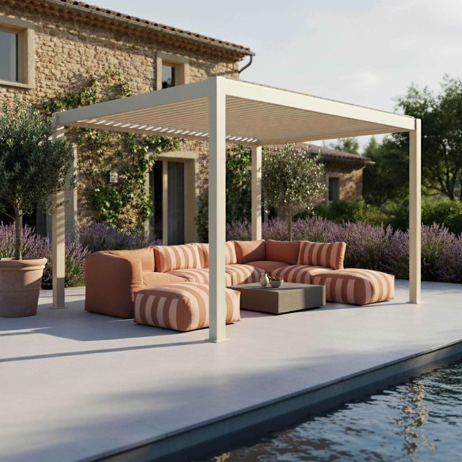 Pergola bioclimatica 4x3 m autoportante motorizzata  in alluminio crema con illuminazione a LED