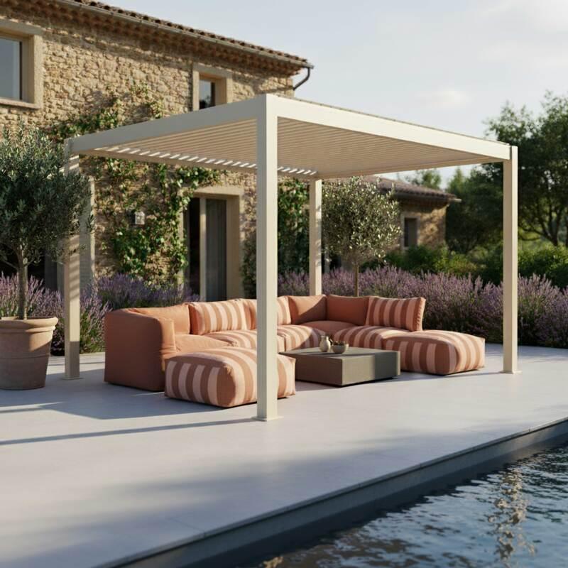 Pergola bioclimatica 4x3 m autoportante motorizzata  in alluminio crema con illuminazione a LED