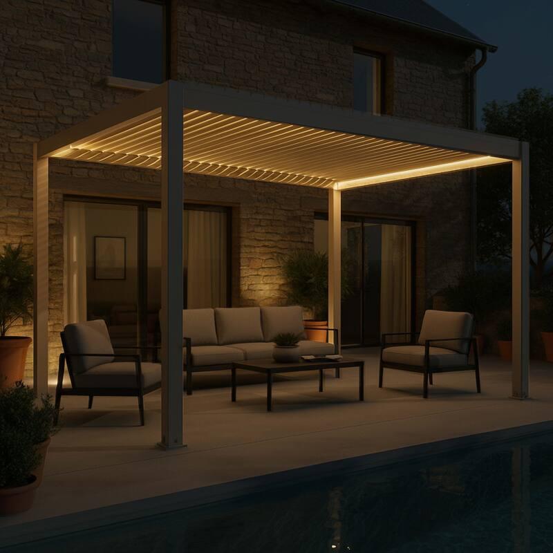 Pergola bioclimatica 4x3 m autoportante motorizzata  in alluminio crema con illuminazione a LED e con tenda