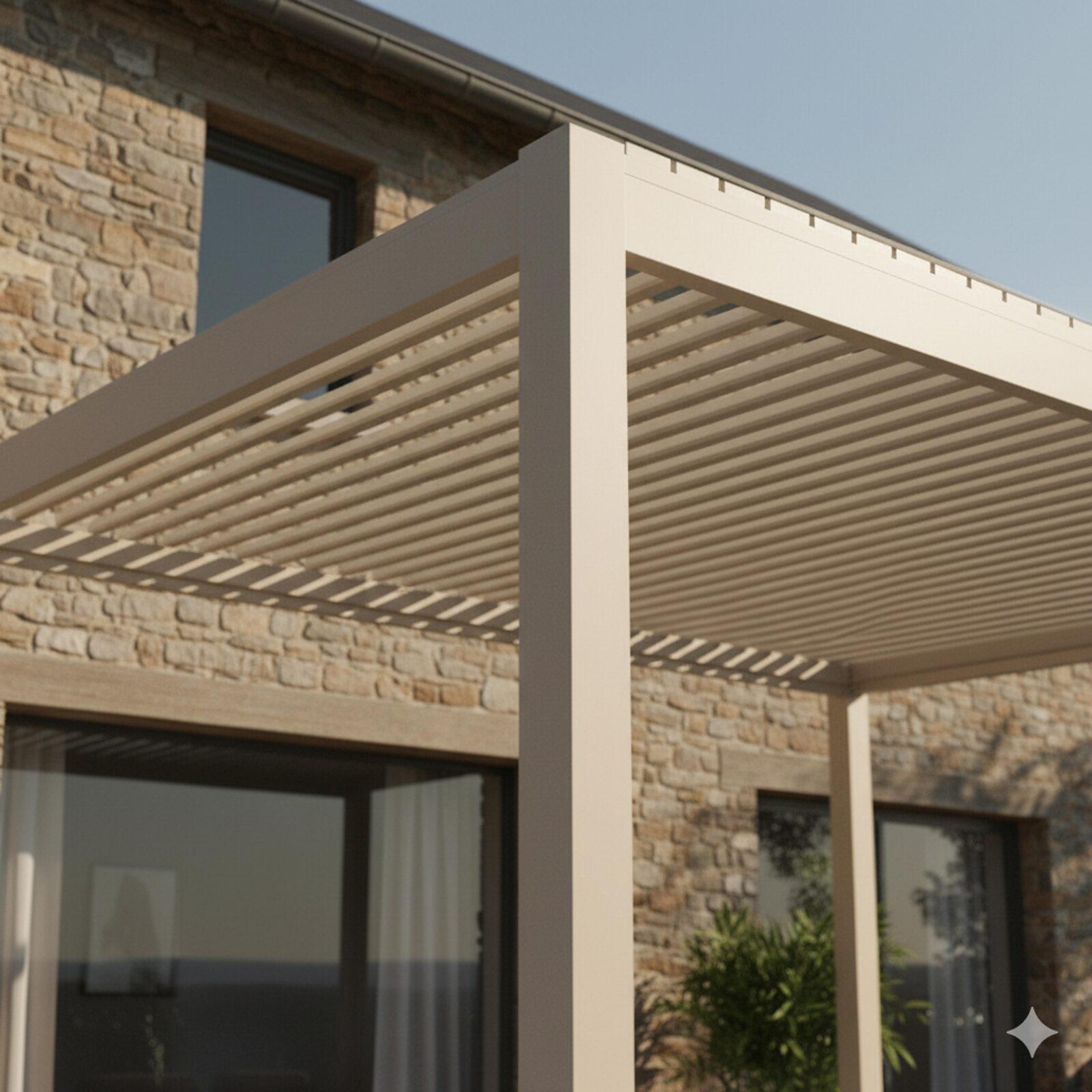 Pergola bioclimatica 4x3 m autoportante motorizzata  in alluminio crema con illuminazione a LED e con tenda