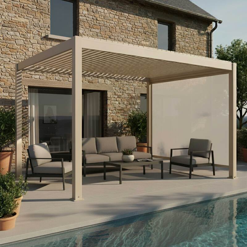 Pergola bioclimatica 4x3 m autoportante motorizzata  in alluminio crema con illuminazione a LED e con tenda