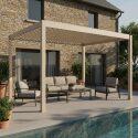 Pergola bioclimatica 4x3 m autoportante motorizzata  in alluminio crema con illuminazione a LED e con tenda