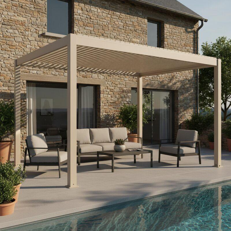 Pergola bioclimatica 4x3 m autoportante motorizzata  in alluminio crema con illuminazione a LED e con tenda