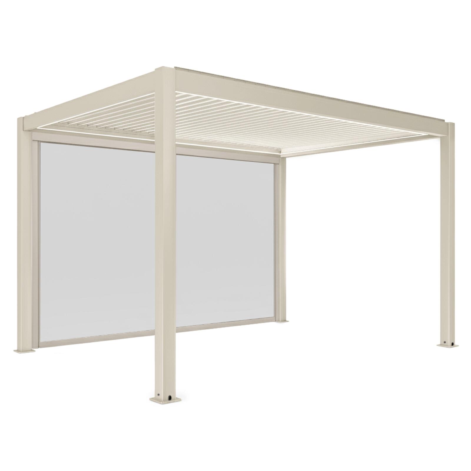 Pergola bioclimatica 4x3 m autoportante motorizzata  in alluminio crema con illuminazione a LED e con tenda