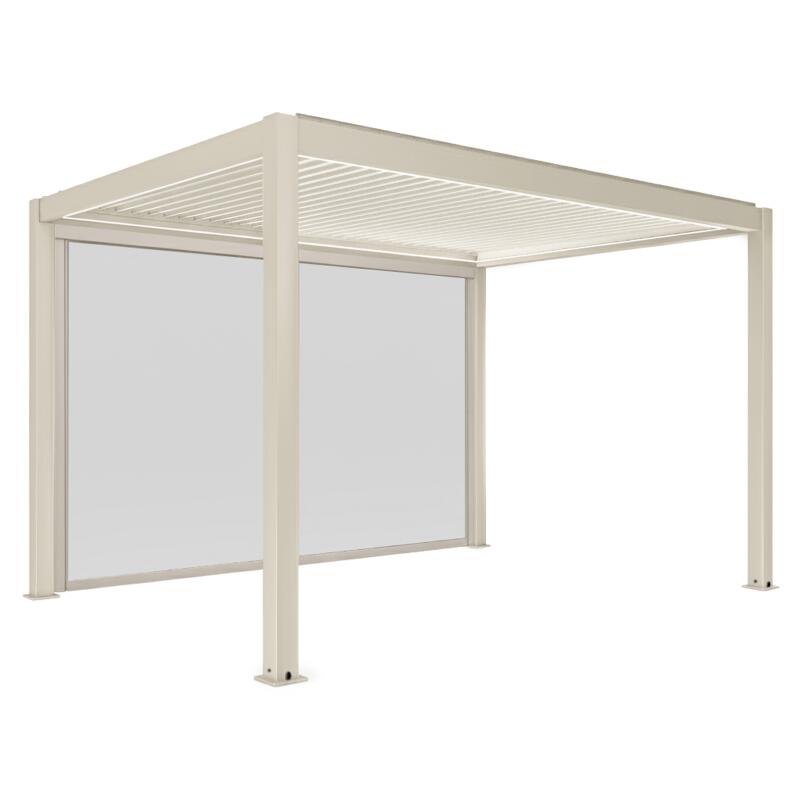 Pergola bioclimatica 4x3 m autoportante motorizzata  in alluminio crema con illuminazione a LED e con tenda