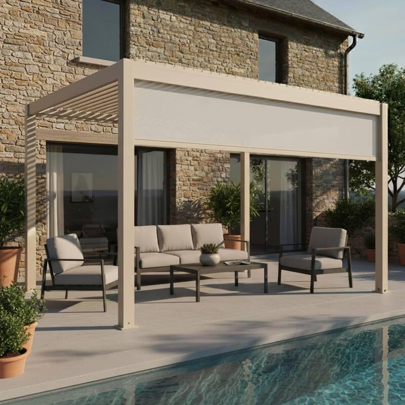 Pergola bioclimatica 4x3 m autoportante motorizzata  in alluminio crema con illuminazione a LED e con tenda