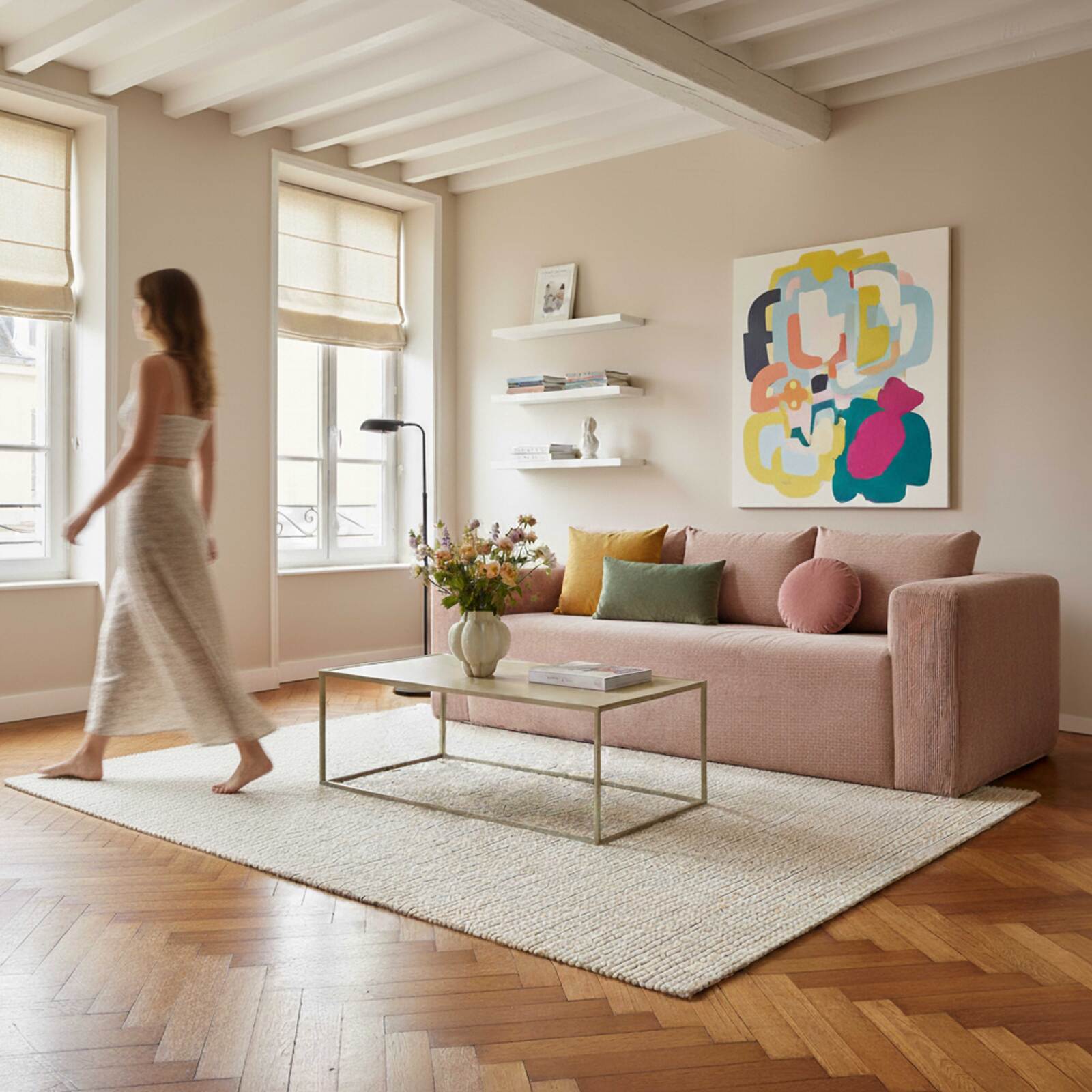 Divano 3 posti in tessuto a coste con cuscini