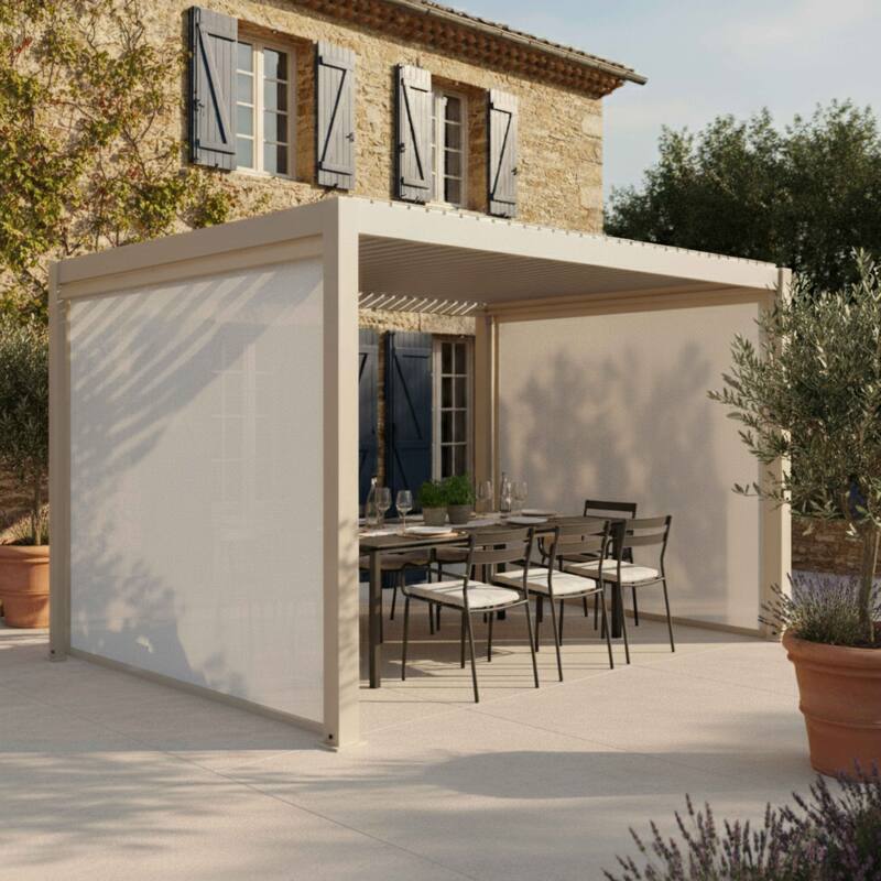 Pergola bioclimatica 4x3 m autoportante motorizzata in alluminio crema con illuminazione a LED e con tenda - Lifestyle