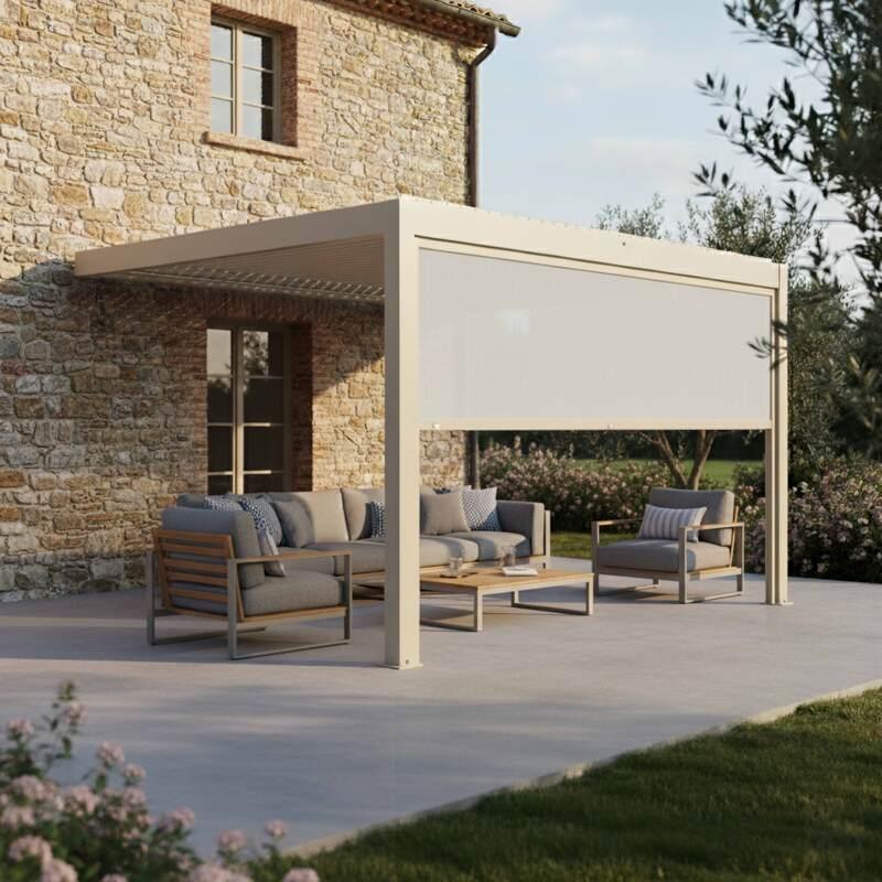Pergola bioclimatica 4x3 m motorizzata in alluminio crema con illuminazione a LED e con tenda - Lifestyle (2/7)
