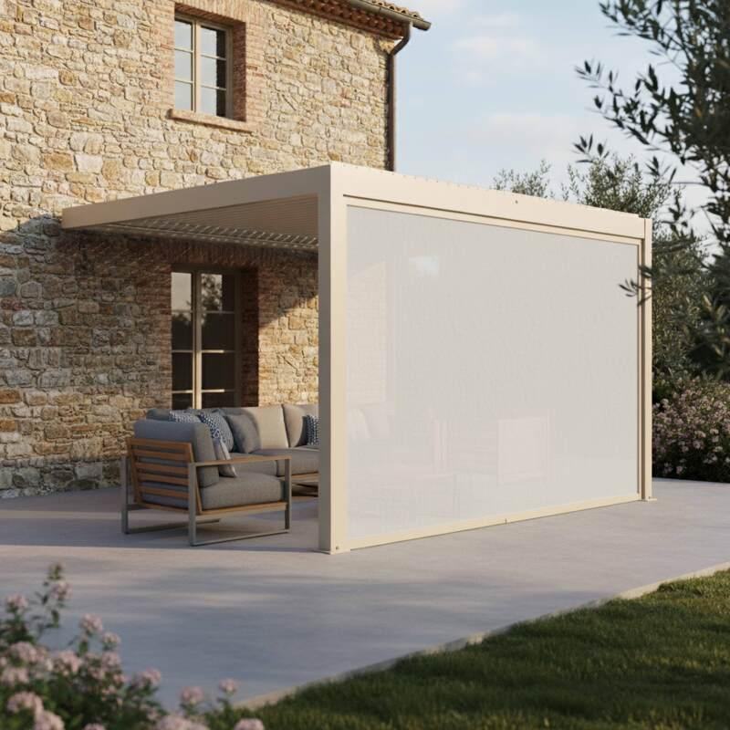 Pergola bioclimatica 4x3 m motorizzata in alluminio crema con illuminazione a LED e con tenda - Lifestyle