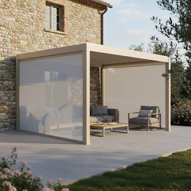 Pergola bioclimatica 4x3 m motorizzata in alluminio crema con illuminazione a LED e con tenda - Lifestyle