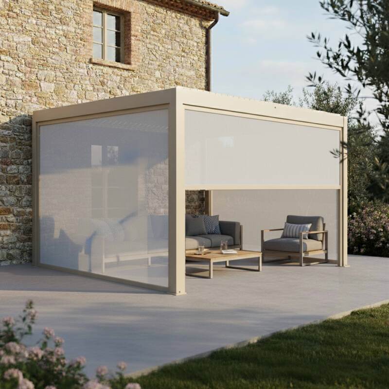 Pergola bioclimatica 4x3 m motorizzata in alluminio crema con illuminazione a LED e con tenda - Lifestyle