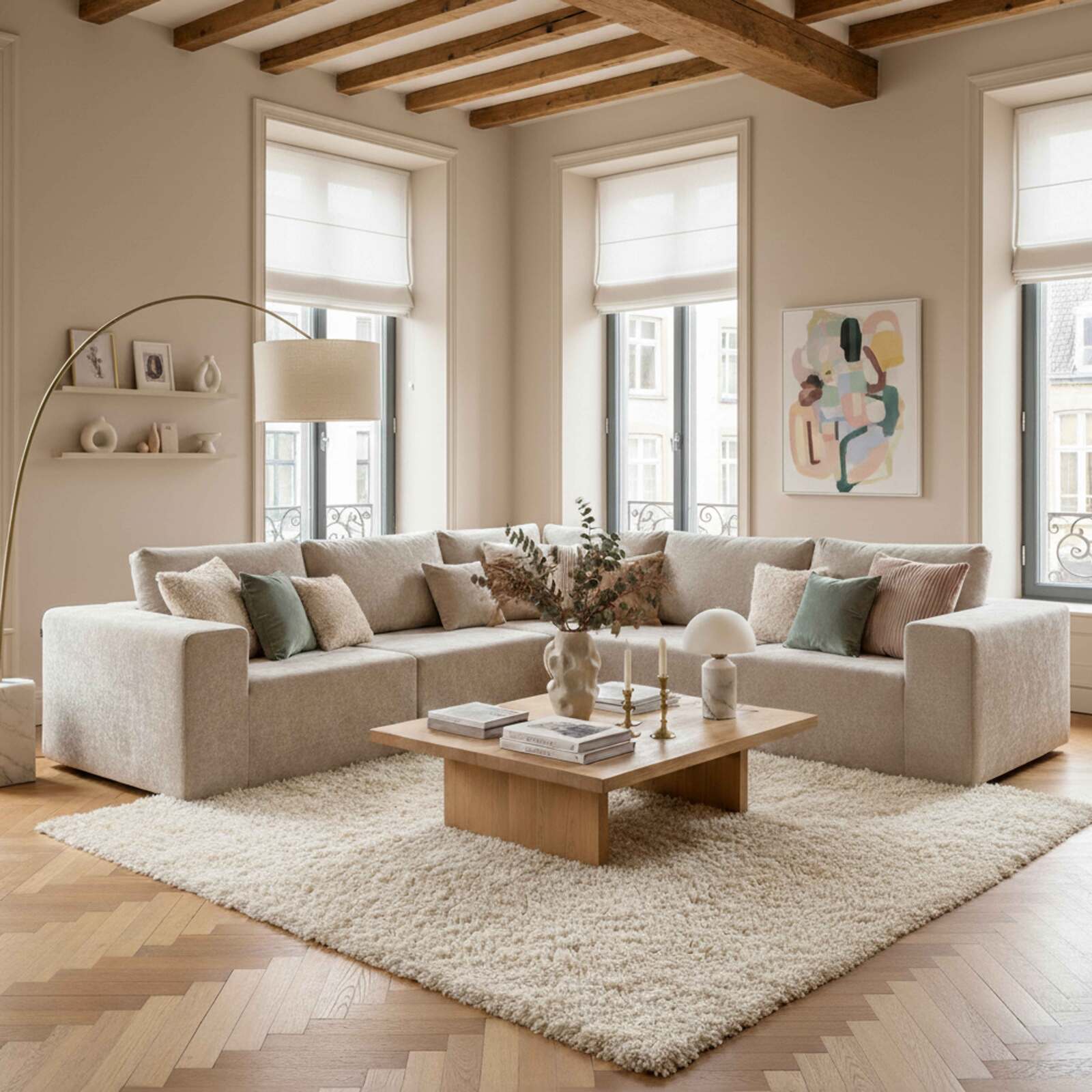 Poltrona angolare in tessuto per divano modulare con cuscini