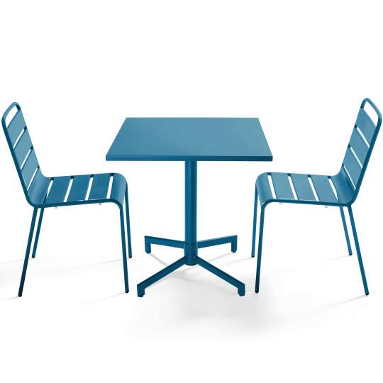 Tavolo da giardino bistrot quadrato inclnabile in metallo con piede incassato 70x70 cm e 2 sedie