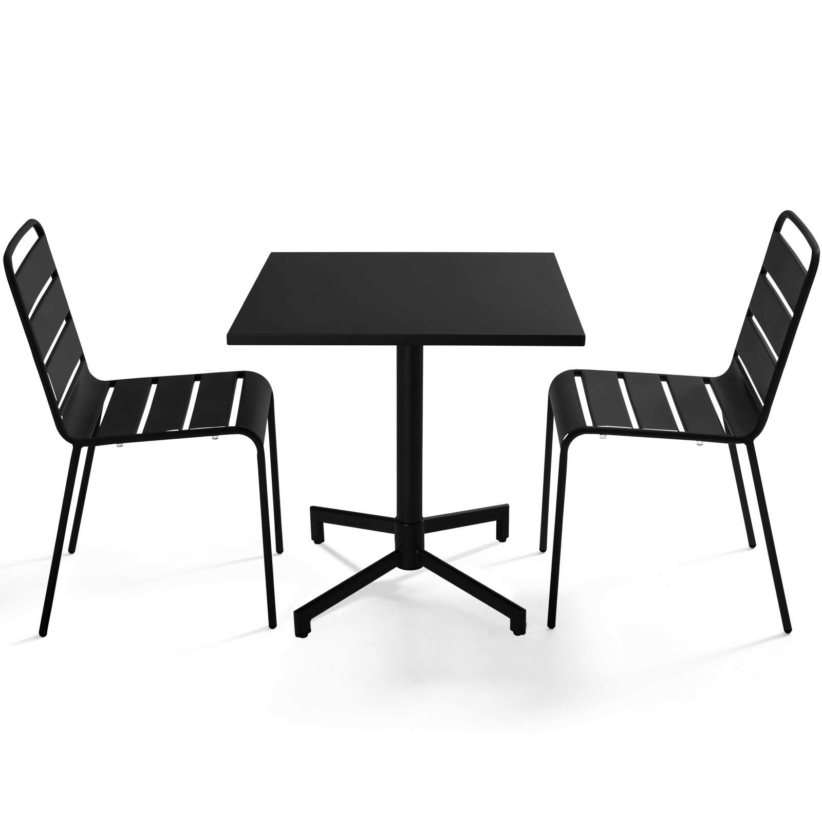 Tavolo da giardino bistrot quadrato inclnabile in metallo con piede incassato 70x70 cm e 2 sedie