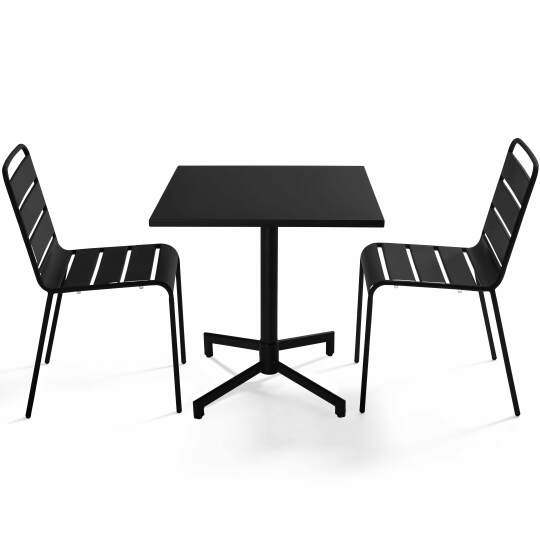 Tavolo da giardino bistrot quadrato inclnabile in metallo con piede incassato 70x70 cm e 2 sedie | Oviala