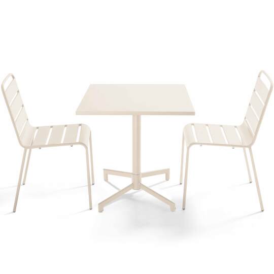 Tavolo da giardino bistrot quadrato inclnabile in metallo con piede incassato 70x70 cm e 2 sedie | Oviala