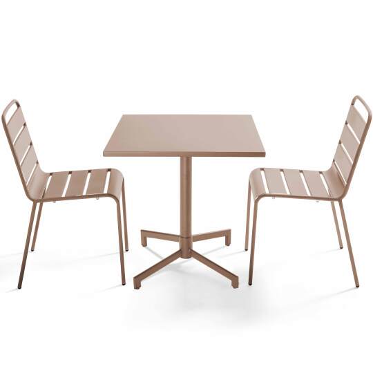 Tavolo da giardino bistrot quadrato inclnabile in metallo con piede incassato 70x70 cm e 2 sedie | Oviala