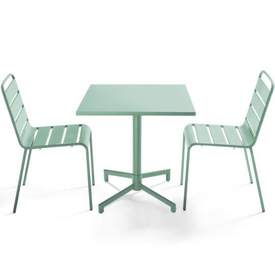 Tavolo da giardino bistrot quadrato inclnabile in metallo con piede incassato 70x70 cm e 2 sedie | Oviala